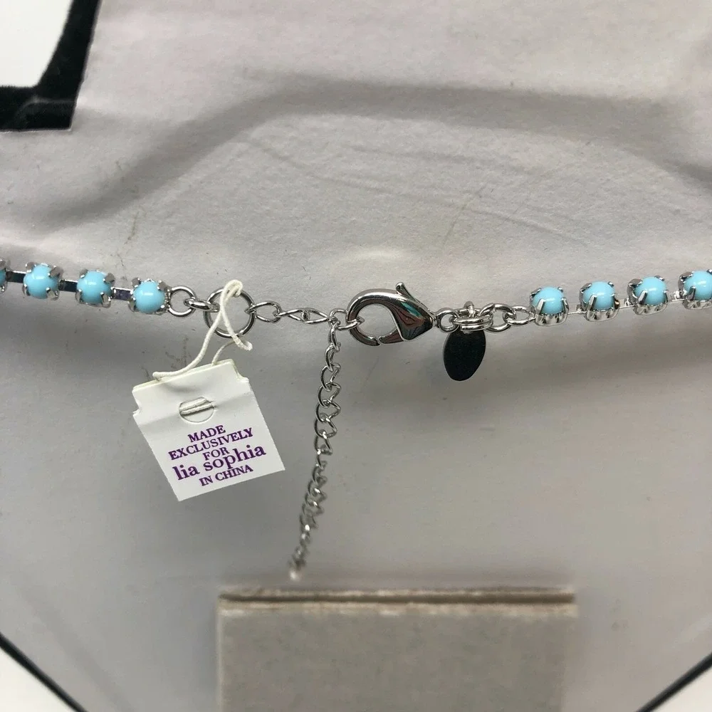 Lia Sophia Necklace‎ Pendant Silver Tone Teal Blue Beads Clear Crystals Damsel